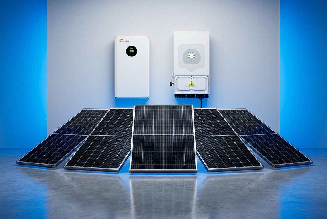 Sistem fotovoltaic complet: cinci panouri monocristaline, un invertor hibrid și o baterie de stocare montate pe perete