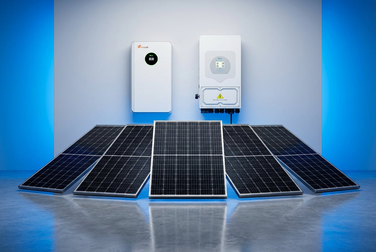 Sistem fotovoltaic hibrid trifazat Deye cu stocare